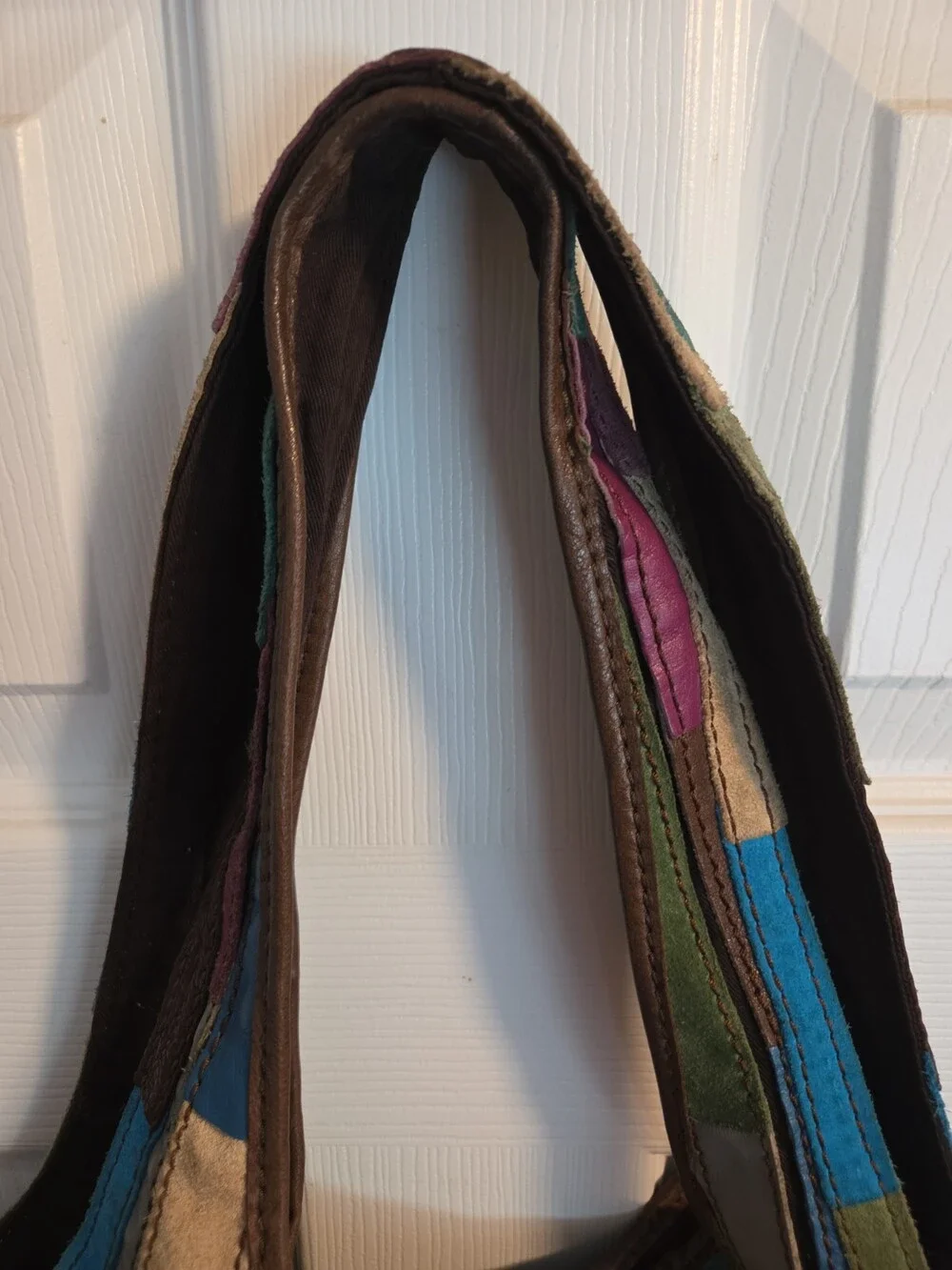 Lucky Brand Leather Hobo Tote Brown Blue Pink Patchwork - Used